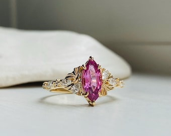 Magenta Sapphire Fiore Alpha Marquise Lab Diamond Engagement Ring. Gold lab grown marquise diamond engagement ring by EidelPrecious