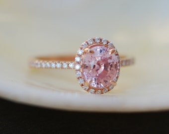 Peach Sapphire Ring, Peach Sapphire Engagement Ring, Peach Pink Sapphire Ring, Oval Cut Engagement Ring, 14k Rose Gold