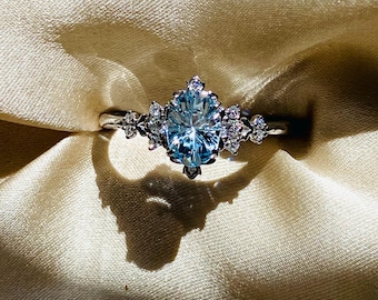 Dela - Aquamarine Engagement Ring: 14k White Gold, Moissanite, Elven Design