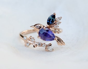 Humming bird Purple sapphire engagement ring. Romantic engagement ring, Bird lover gift. Cluster multi-stone Engagement ring Eidelprecious.