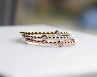 Solid gold beaded band set. Stackable diamond band set. 14k WHITE Gold, or ROSE gold, or YELLOW gold skinny infinity band