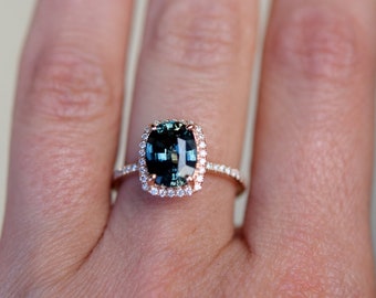 matching band and Blue Green sapphire engagement ring. Peacock sapphire 2.6ct cushion halo diamond  ring 14k Rose gold.