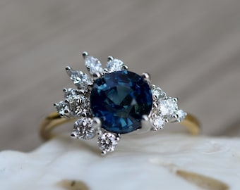 Asymmetrical diamond cluster ring. Unique deep blue sapphire cocktail ring. Abstract Starburst design. Statement ring by Eidelprecious