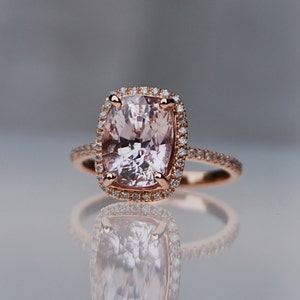Sapphire engagement rings. 3.5ct Cushion peach champagne sapphire engagement ring.  14k rose gold diamond halo engagement ring Eidelprecious