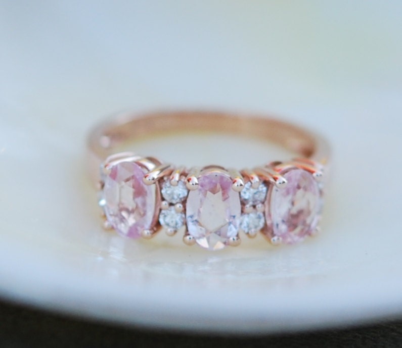 Peach Sapphire Anniversary Ring 3 Stone Ring 14k Rose Gold Diamond