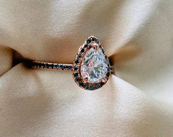 Pear Cut Lab Diamond Engagement Ring: Teal Halo, 14k Rose Gold Pavé