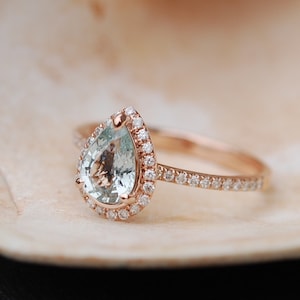 1.9ct Mint blue green pear sapphire diamond ring 14k rose gold engagement ring
