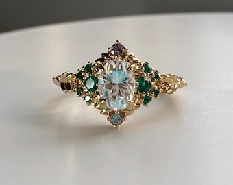 Mia lab grown diamond ring. Fantasy Green engagement ring. Emerald engagement ring in gold. Cluster, multi-stone, statement ring. Elven ring