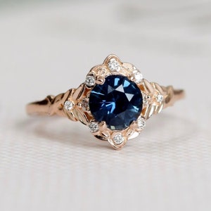 Vintage inspired Blue Sapphire Engagement Ring Round Sapphire Ring 14k Rose Gold, Multi Stone Ring Unique Sapphire Ring Elegant Vintage Ring image 5