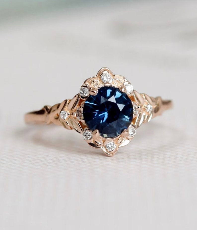 Vintage inspired Blue Sapphire Engagement Ring Round Sapphire Ring 14k Rose Gold, Multi Stone Ring Unique Sapphire Ring Elegant Vintage Ring image 5