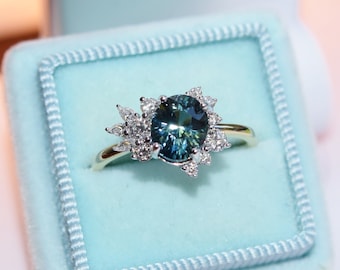 Unique Teal sapphire engagement ring. Green blue sapphire Asymmetrical cluster ring. Fantasy ring. Blue Green sapphire ring by Eidelprecious