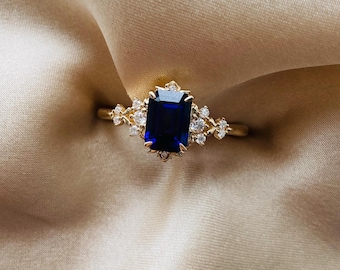 Dela Blue Sapphire Gold Ring. Fairytale Fantasy ring. 14k yellow Gold moissanite engagement ring. Unique promise ring by Eidelprecious