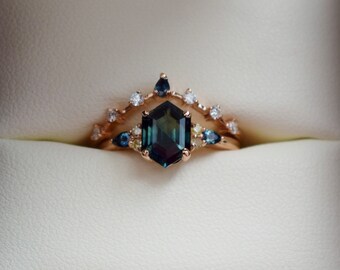 2022 collection! Hexagon Teal Sapphire Ring and matching band. Rose gold engagement ring. Bridal set. Unique engagement ring Eidelprecious