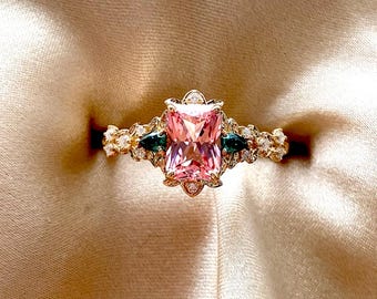 Arwen Peach Pink sapphire engagement ring gold. Enchanted Fantasy ring. 14k Gold moissanite engagement ring. Unique ring by Eidelprecious