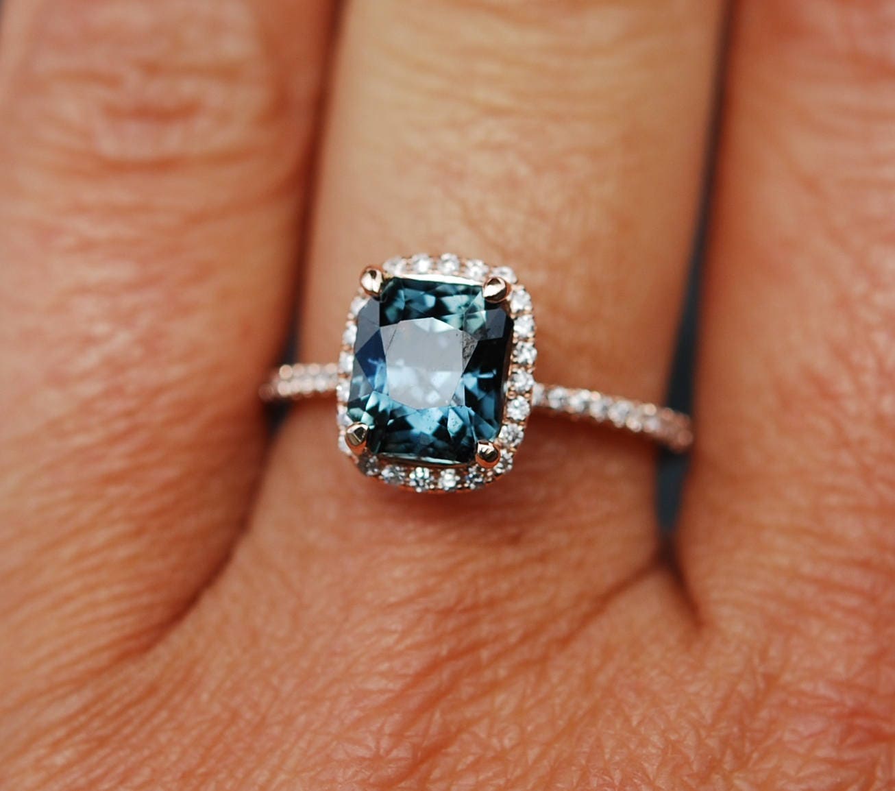White gold - Teal sapphire engagement ring. 3ct emerald cut blue green