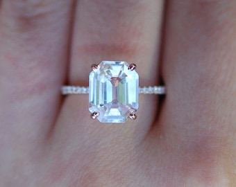 Emerald cut engagement ring. White sapphire engagement ring Emerald cut. Unique engagement ring. Dainty Etsy engagement rings Eidelprecious