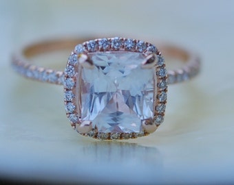 White sapphire engagement ring. Square cushion engagement ring. 14k rose gold diamond ring. 3.03ct cushion sapphire ring by Eidelprecious