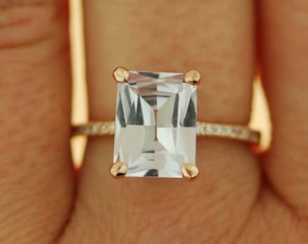 Emerald cut Sapphire Ring. Engagement Ring emerald cut 14k rose gold diamond ring 3.95ct sapphire ring by Eidelprecious