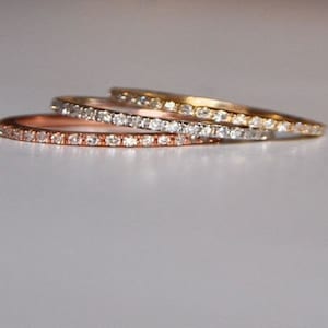 Stackable delicate wedding bands. Full eternity diamond wedding band. 14k WHITE Gold, or ROSE gold, or YELLOW gold skinny infinity band image 1