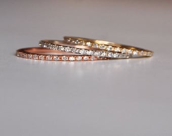 Stackable delicate wedding bands. Full eternity diamond wedding band. 14k WHITE Gold, or ROSE gold, or YELLOW gold skinny infinity band