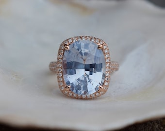 Arctic Blue sapphire engagement ring. 8.4ct cushion sapphire diamond. 14k Rose gold ring. Engagement rings by Eidelprecious.