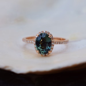 Teal Green sapphire engagement ring. Peacock green sapphire 2ct oval halo diamond  ring 14k Rose gold. Engagenet rings