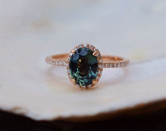 Teal Green sapphire engagement ring. Peacock green sapphire 2ct oval halo diamond  ring 14k Rose gold. Engagenet rings