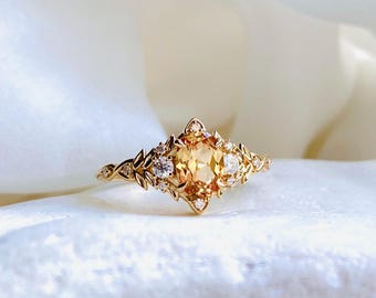 Fantasy Ginger Sapphire Engagement Ring. Eowen Gold Ring with Moissanites