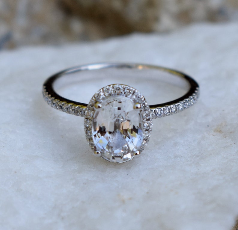 Oval white sapphire ring. 1.6ct White sapphire engagement ring. White gold sapphire engagement ring. Halo engagement ring by Eidelprecious image 1
