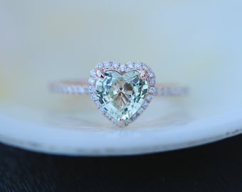 Heart Engagement ring. 1.15ct Heart Sparkling Green Tea sapphire 14k rose gold diamond engagement ring by Eidelprecious