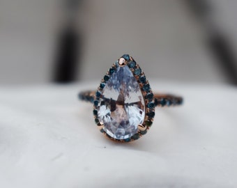 Ice blue sapphire engagement ring. Pear cut blue sapphire ring. 4ct sapphire ring diamond ring 14k rose gold. Engagement ring  Eidelprecious