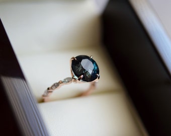 Round Peacock sapphire engagement ring. Rose Gold Engagement Ring. Blue green Sapphire engagement ring by Eidelprecious