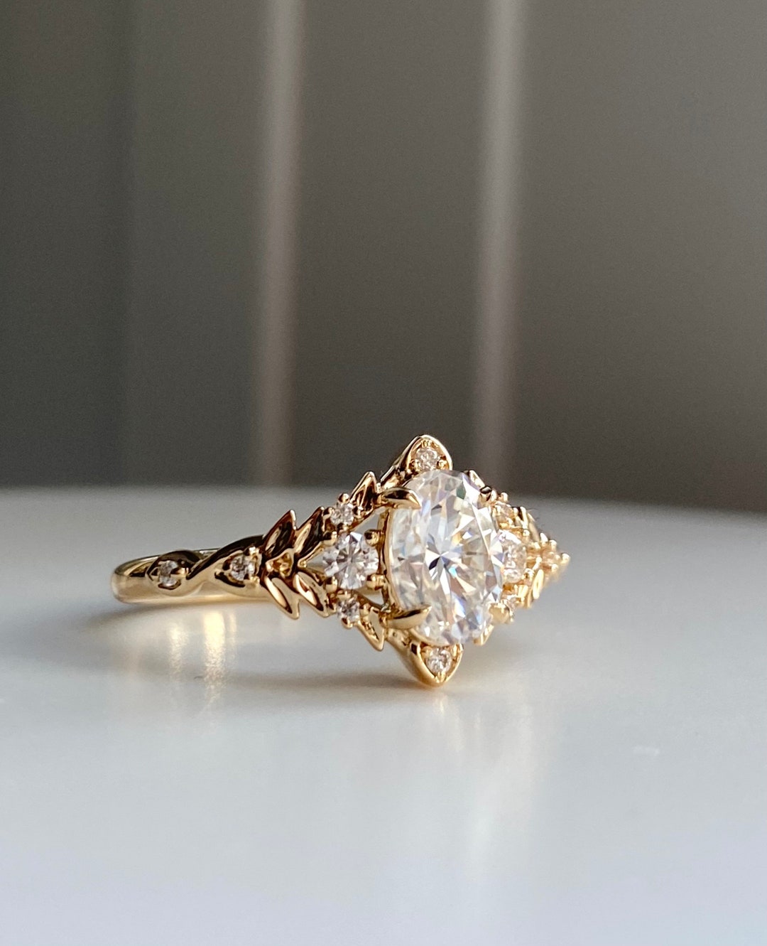 Eowen Elven Lab Grown Diamond Engagement Ring Gold. Fantasy inspired moissanite engagement ring. Whimsical Fairytale Ring for romantic bride