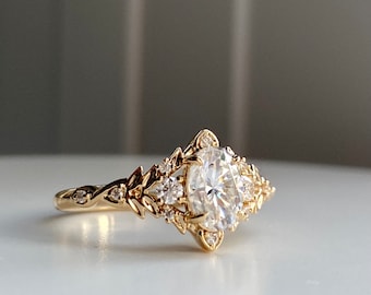 Eowen Elven Lab Grown Diamond Engagement Ring Gold. Fantasy inspired moissanite engagement ring. Whimsical Fairytale Ring for romantic bride