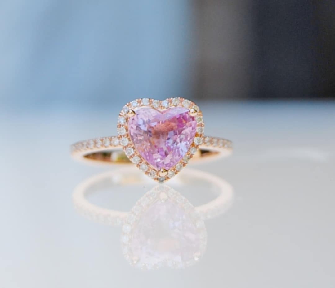 Gold Heart Ring With Pink Sapphire. Heart Diamond Ring. Pink Heart