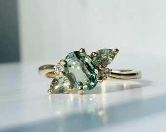 Lucious Green sapphire ring. Unique Floral Summer jewellery 2024. Light green sapphire and diamond ring 14k gold by Eidelprecious