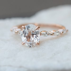 Oval White Sapphire Engagement Ring: Marquise Diamond, Godivah Rose Gold Design