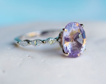 Lavender Sapphire Engagement Ring. Oval purple sapphire ring white gold, marquise diamond band. Anniversary gift for her.