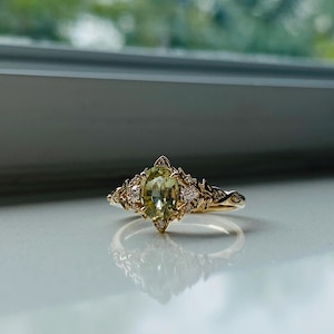 Eowen Lemongrass Sapphire Engagement Ring: Elvish 14k Gold Diamond Ring