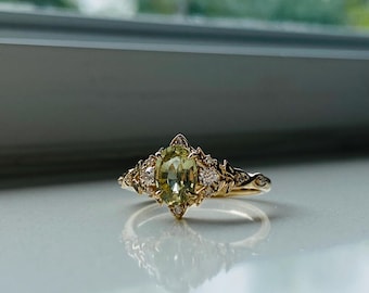 Eowen Fantasy Inspired Lemongrass Sapphire Diamond Engagement Ring. Unique Elvish engagement ring for romantic bride