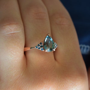 Green sapphire engagement rings. Martini engagement ring. Promise ring. Pear cut sapphire cluster ring. Multi-stone ring. Free shipping