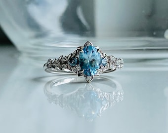 Arwen aquamarine ring. Engagement ring with aquamarine and sapphires, 14k white Gold diamond cluster whimsical ring. Romantic fantasy ring.