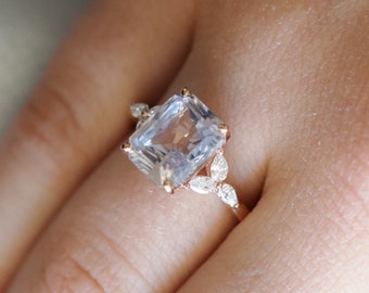 White sapphire engagement ring. color change sapphire ring 4.07ct emerald cut ring Rose gold ring. Trillium Engagement ring Eidelprecious