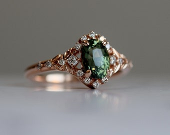 Kassandra Green sapphire engagement ring. Vintage Rose gold engagement ring. Green sapphire ring. Oval Sapphire by Eidelprecious