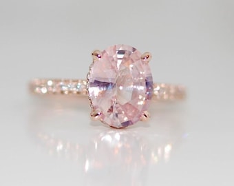 2ct Light Pink Sapphire Engagement Ring: 14k Rose Gold Hidden Diamond Halo