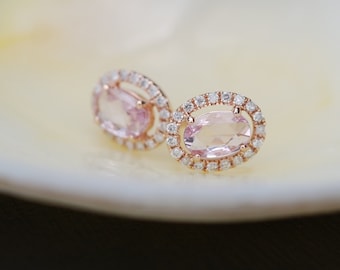 Light pink sapphire stud earrings. Pink sapphire earrings. Earrings Rose gold. Peach Sapphire diamond earrings 14k rose gold halo earrings.