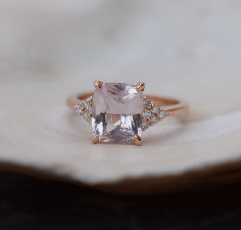 Ice peach sapphire engagement ring. 3.2ct radiant cut light peach sapphire ring diamond ring rose gold ring Martini by Eidelprecious. image 2