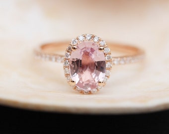 Peach Sapphire Ring, Peach Sapphire Engagement Ring, Peach Pink Sapphire Ring, Oval Cut Engagement Ring, 14k Rose Gold