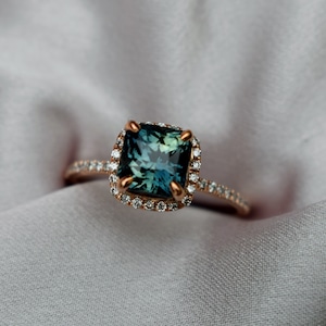 Peacock sapphire engagement ring. Square cut radiant blue green sapphire ring diamond ring 14k Rose gold ring by Eidelprecious