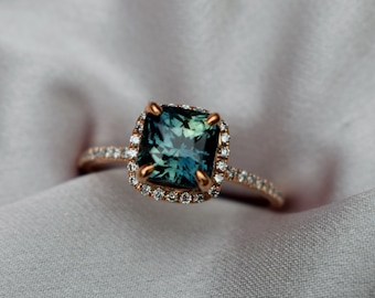 Peacock sapphire engagement ring. Square cut radiant blue green sapphire ring diamond ring 14k Rose gold ring by Eidelprecious